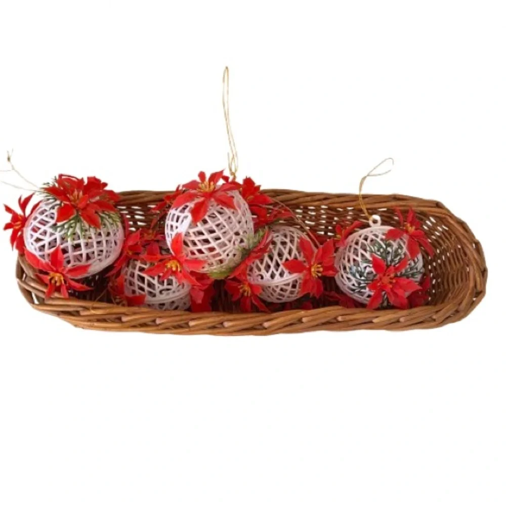 Vintage Poinsettia White Lattice Cage Plastic Ornaments Set of 5 Kitschy Retro